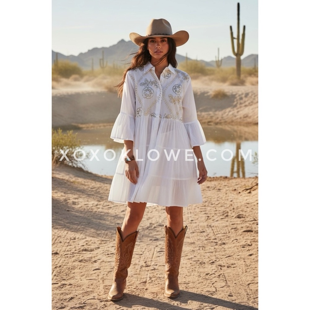 POL White Embroidered Tiered Mini Dress | Ruffle Sleeve Button Front Collared - Picture 3 of 12
